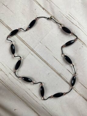 Vintage. Black Bead Station Necklace - Unbranded